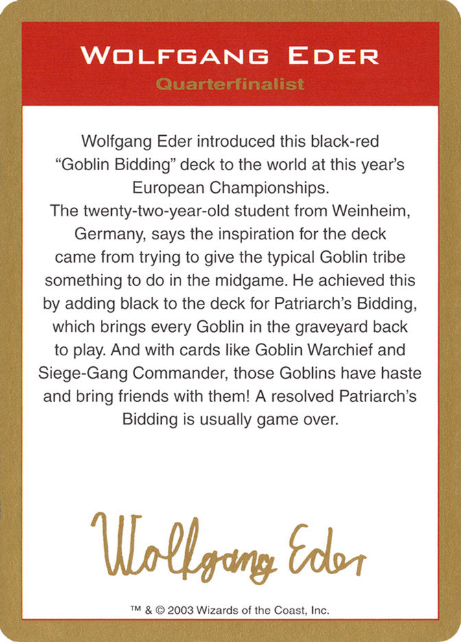 Wolfgang Eder Bio [World Championship Decks 2003] | Enigma On Main