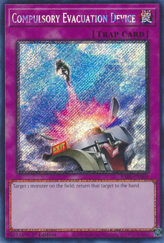 Compulsory Evacuation Device [RA01-EN069] Platinum Secret Rare | Enigma On Main