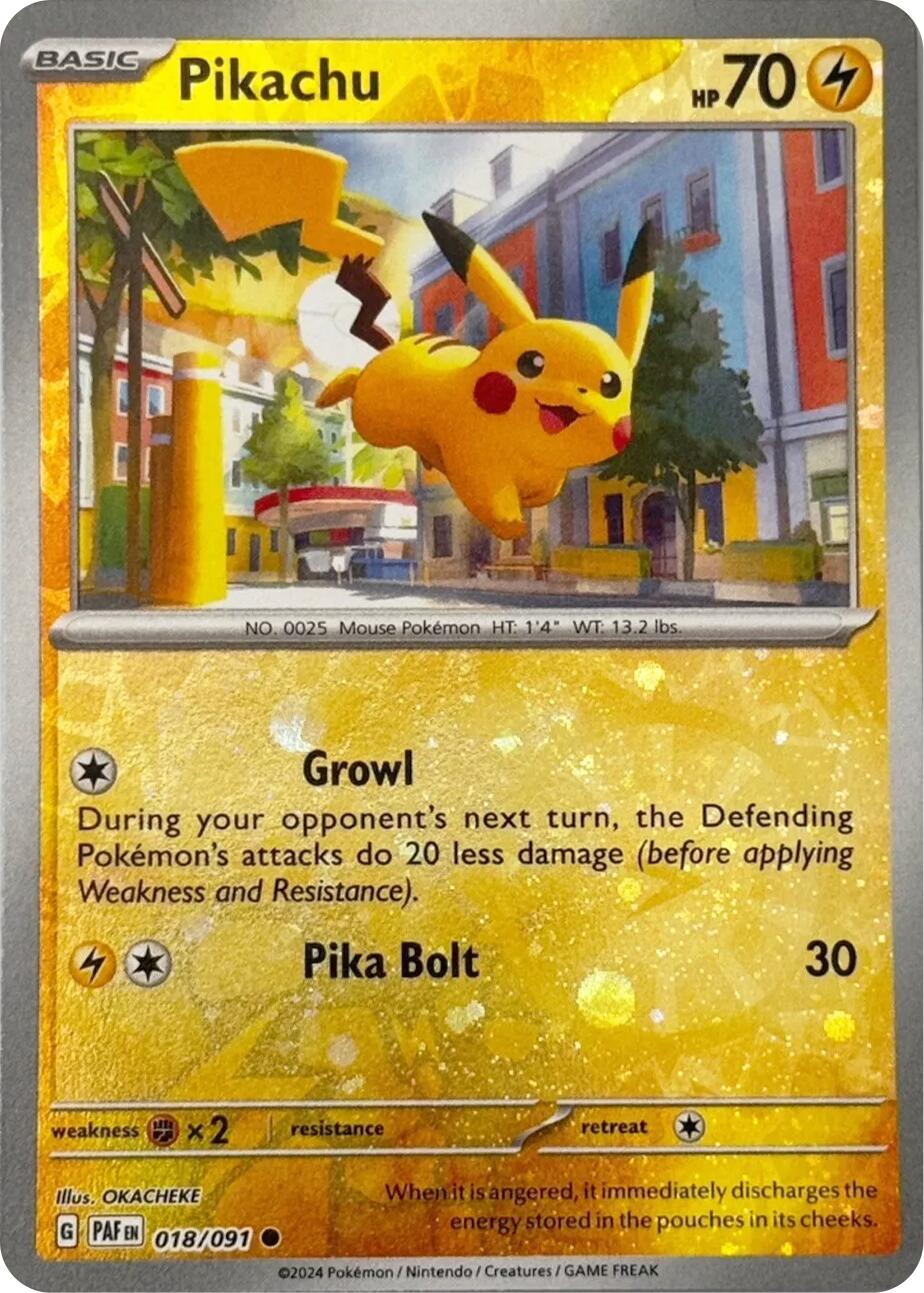 Pikachu (018/091) (Reverse Cosmos Holo) [Scarlet & Violet: Paldean Fates] | Enigma On Main