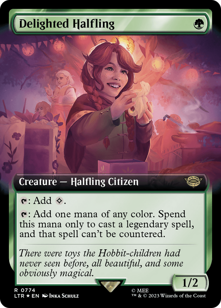 Delighted Halfling (Extended Art) (Surge Foil) [The Lord of the Rings: Tales of Middle-Earth] | Enigma On Main