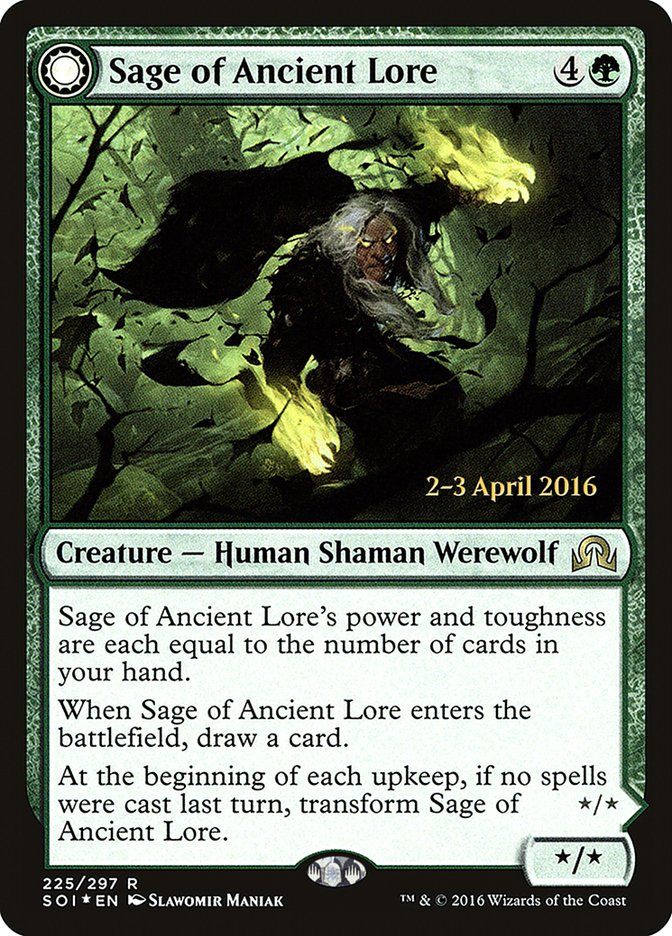 Sage of Ancient Lore // Werewolf of Ancient Hunger [Shadows over Innistrad Prerelease Promos] | Enigma On Main