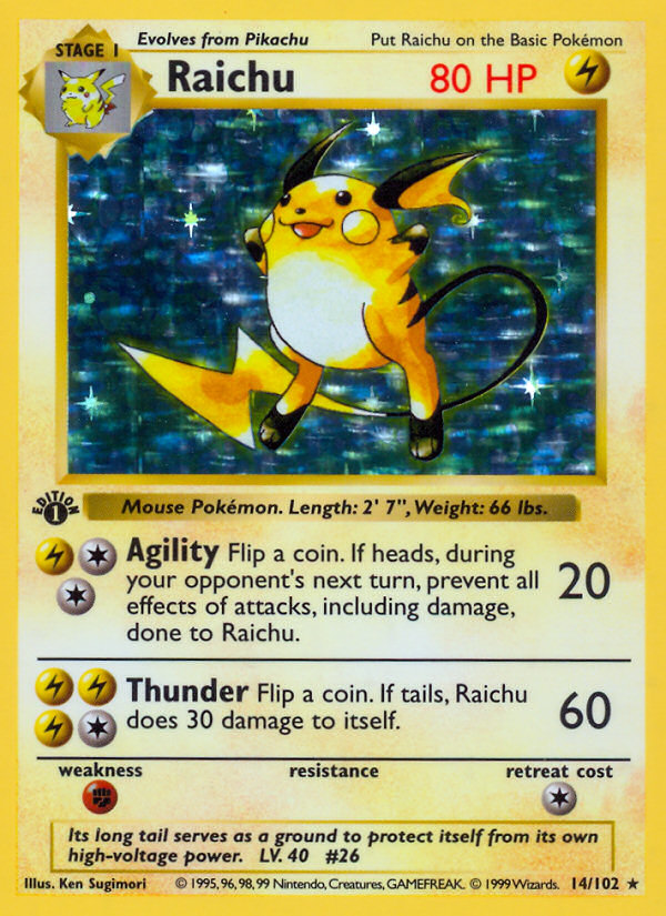 Raichu (14/102) (Shadowless) [Base Set 1st Edition] | Enigma On Main