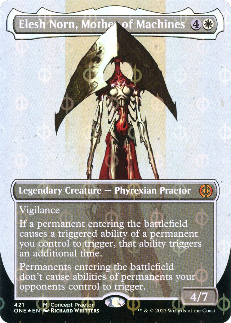 Elesh Norn, Mother of Machines (Borderless Concept Praetors Step-and-Compleat Foil) [Phyrexia: All Will Be One] | Enigma On Main