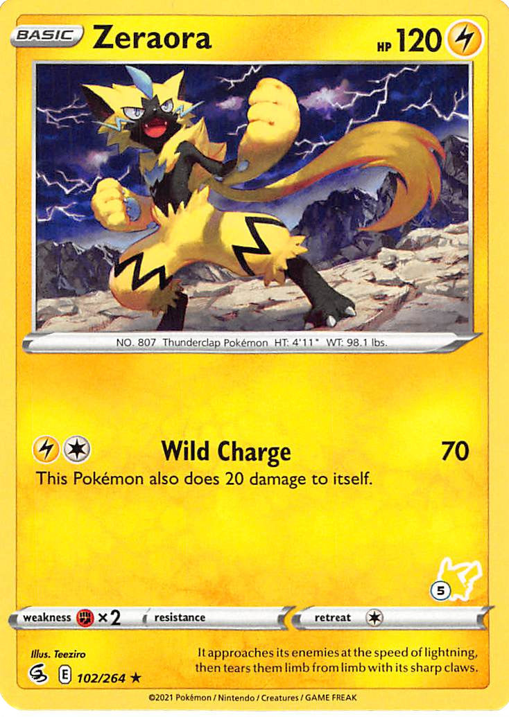 Zeraora (102/264) (Pikachu Stamp #5) [Battle Academy 2022] | Enigma On Main