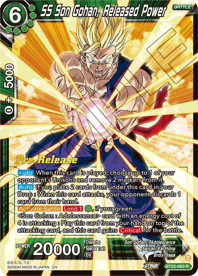 SS Son Gohan, Released Power (BT22-063) [Critical Blow Prerelease Promos] | Enigma On Main