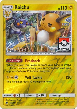Raichu (41/147) (League Promo 4th Place) [Sun & Moon: Burning Shadows] | Enigma On Main