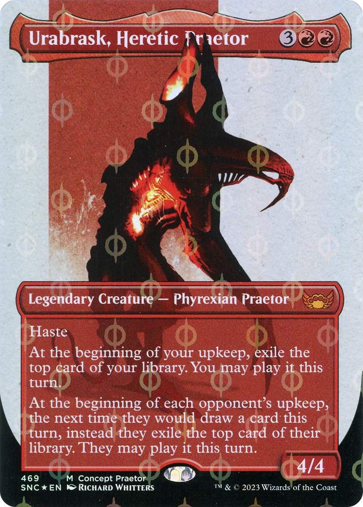 Urabrask, Heretic Praetor (Borderless Concept Praetors Step-and-Compleat Foil) [Phyrexia: All Will Be One] | Enigma On Main