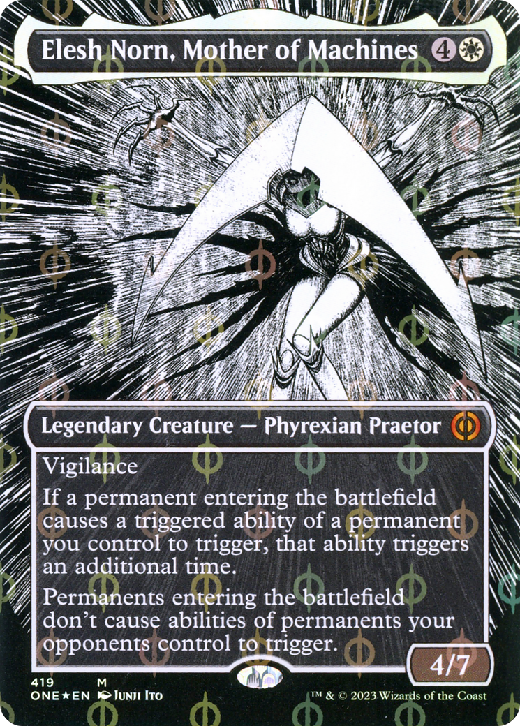 Elesh Norn, Mother of Machines (Borderless Manga Step-and-Compleat Foil) [Phyrexia: All Will Be One] | Enigma On Main