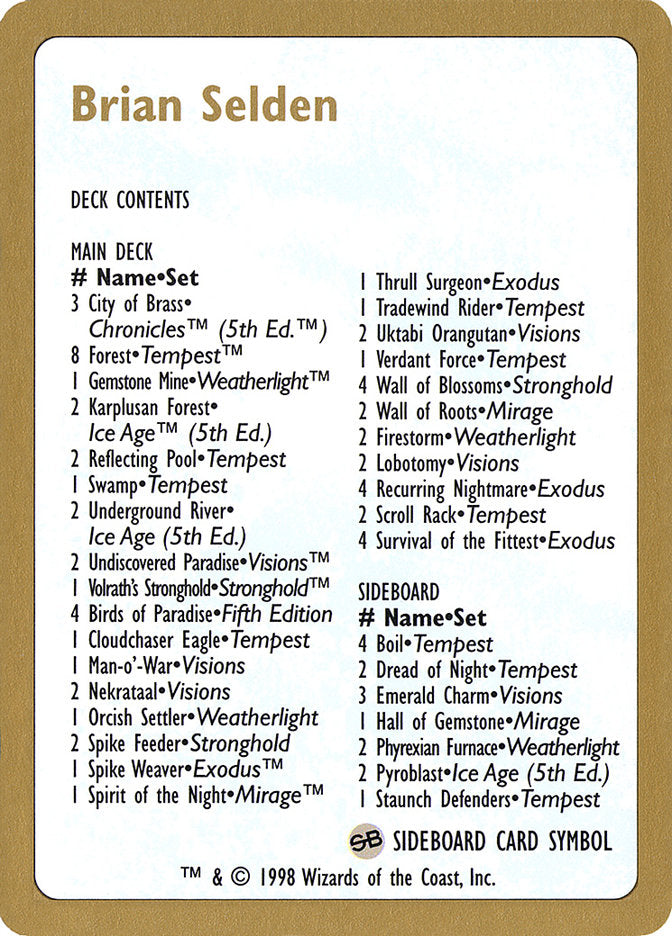 Brian Selden Decklist [World Championship Decks 1998] | Enigma On Main