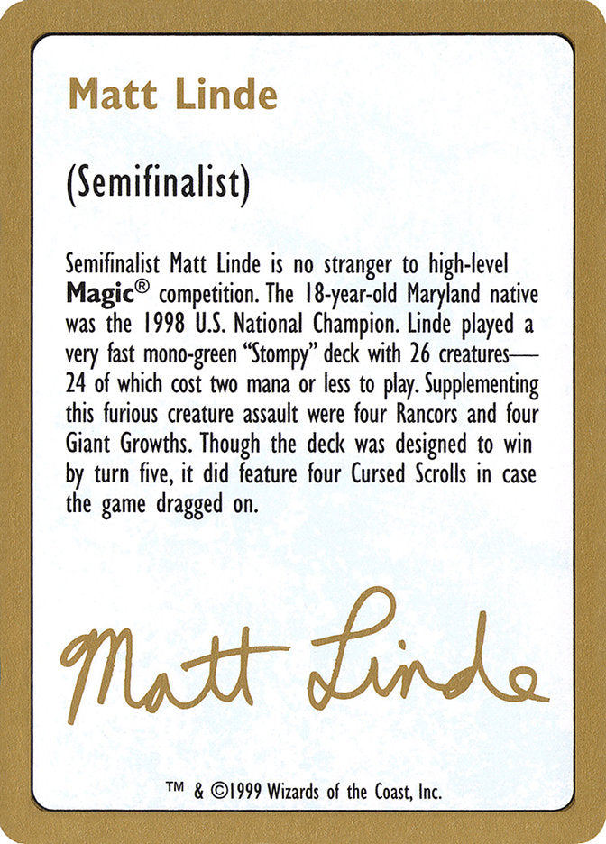 Matt Linde Bio [World Championship Decks 1999] | Enigma On Main