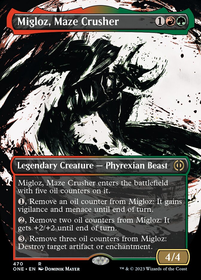 Migloz, Maze Crusher (Borderless Ichor Step-and-Compleat Foil) [Phyrexia: All Will Be One] | Enigma On Main