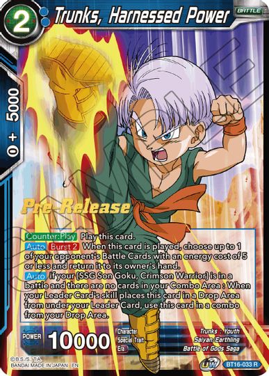 Trunks, Harnessed Power (BT16-033) [Realm of the Gods Prerelease Promos] | Enigma On Main