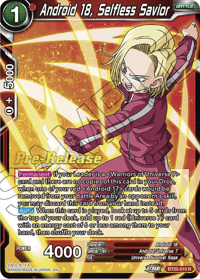 Android 18, Selfless Savior (BT20-010) [Power Absorbed Prerelease Promos] | Enigma On Main